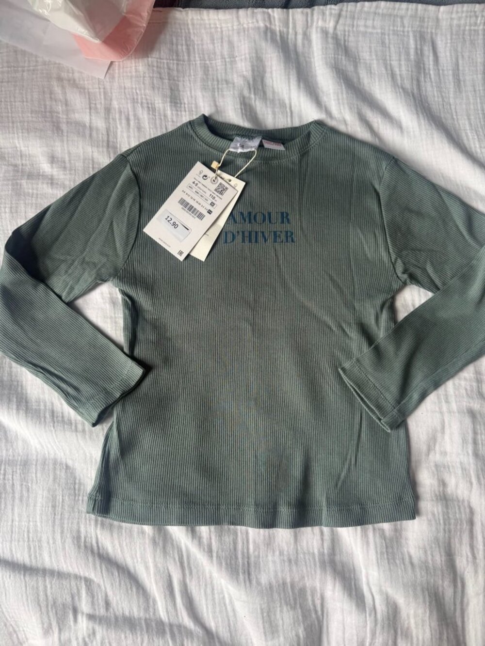 Zara Girls Ribbed Long Sleeve Top 4-5 Sage Green Amour D'Hiver NWT
